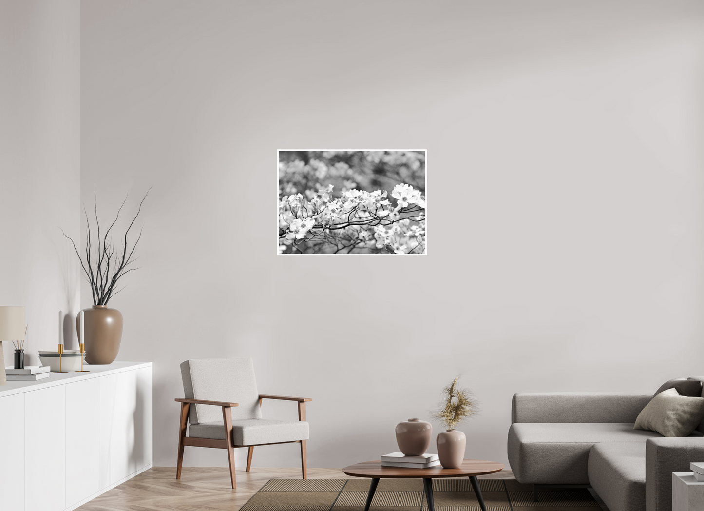 34.2 x 24″, B&W Print .39 Border Dogwood Outside my window
