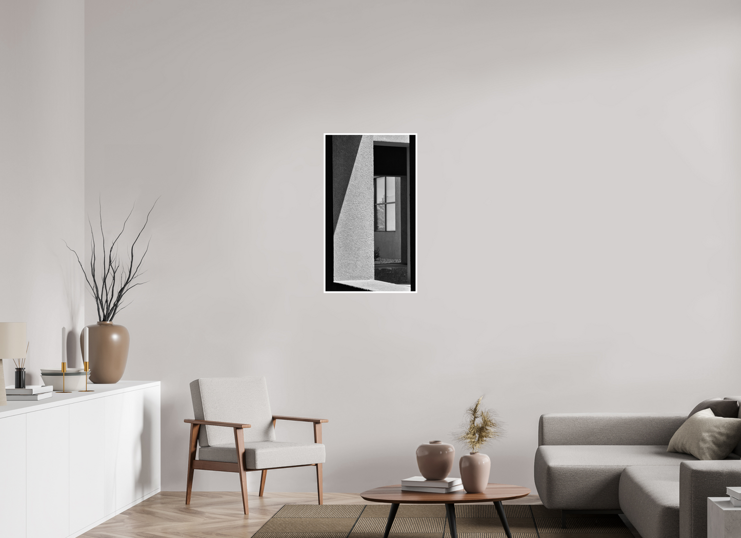 20 x 34.7″, B&W Print .39 Border Santa Fe - Ricardo Legorreta Building