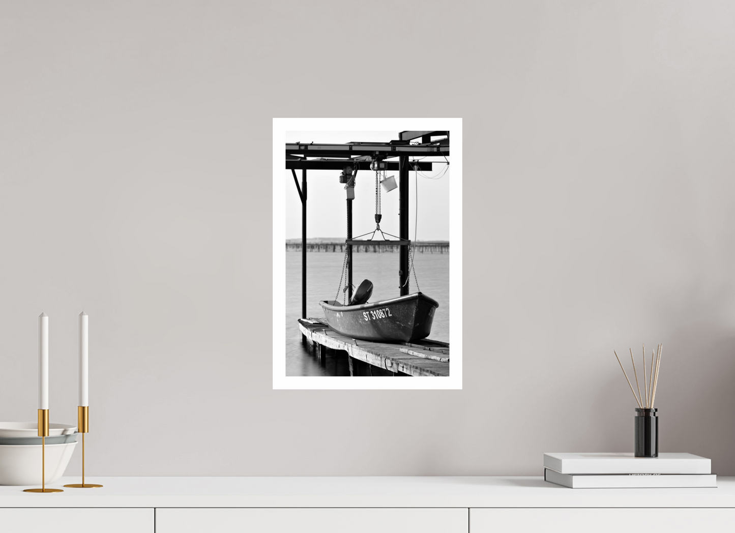 10 x 15″, B&W Print .79 Border B&W Fishing Boat