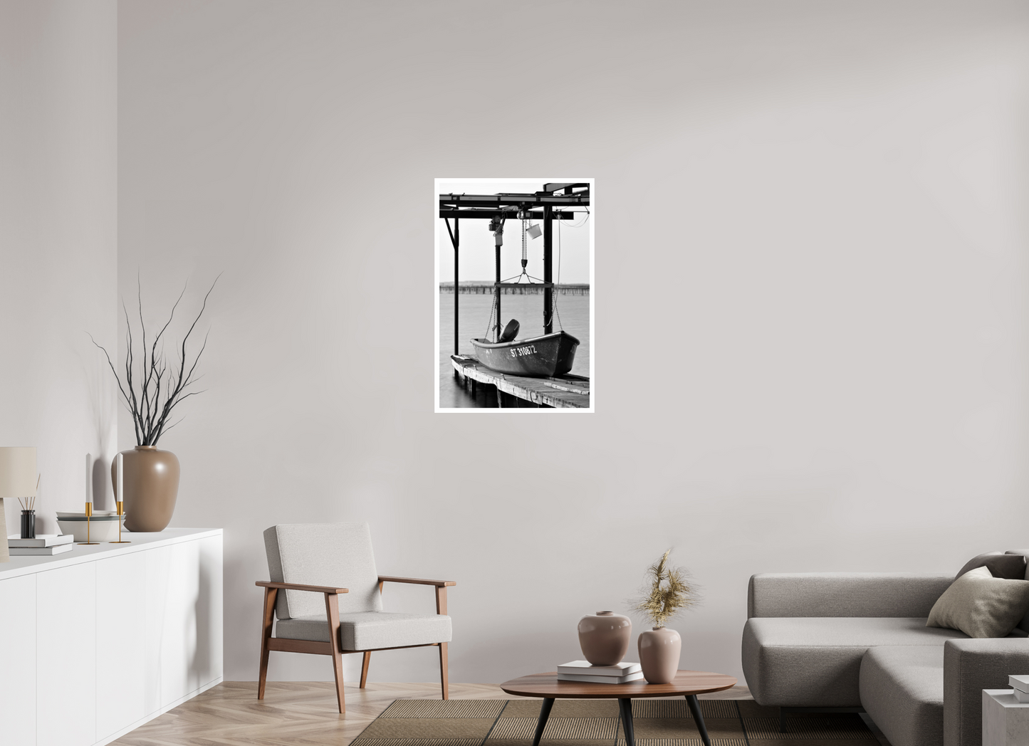 24 x 36″, B&W Print .79 Border B&W Fishing Boat