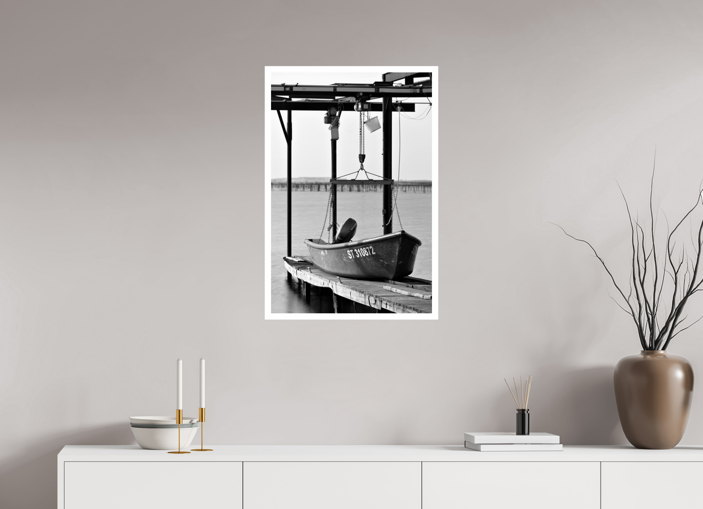 20 x 30″, B&W Print .79 Border B&W Fishing Boat