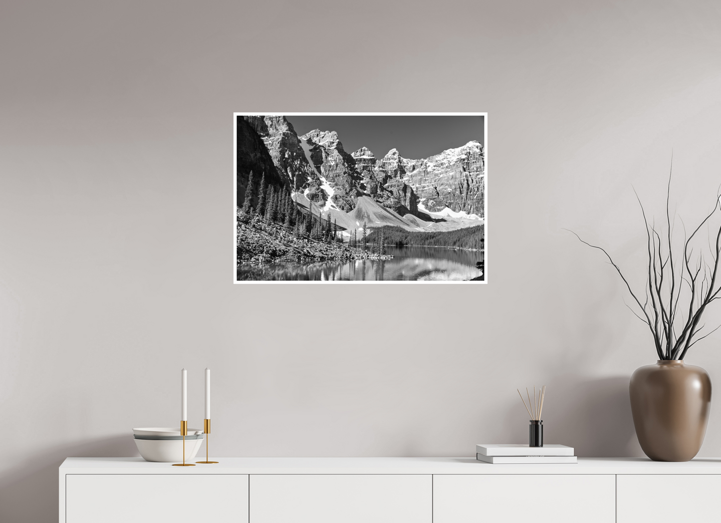 30 x 20″, B&W Print .39 Border Marain Lake Banff