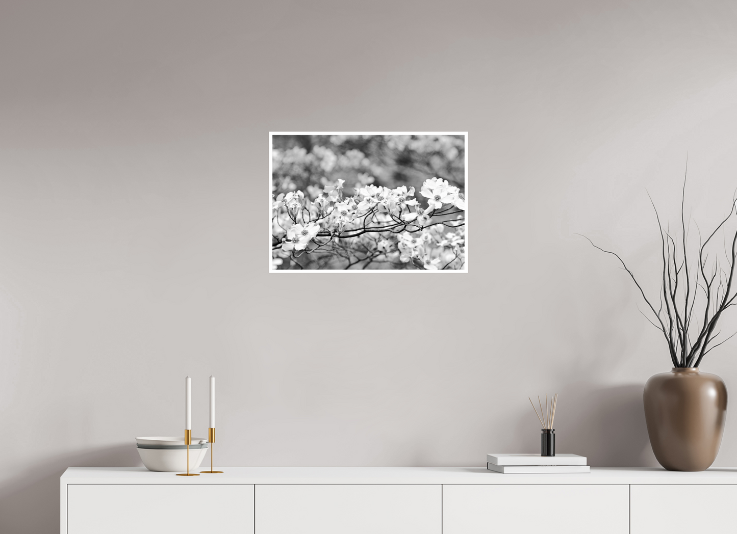 22.8 x 16″, B&W Print .39 Border Dogwood Outside my window