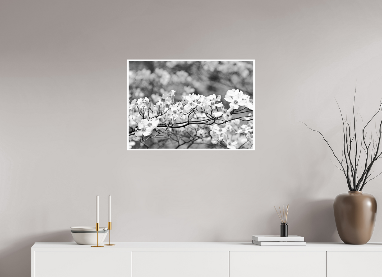 28.5 x 20″, B&W Print .39 Border Dogwood Outside my window